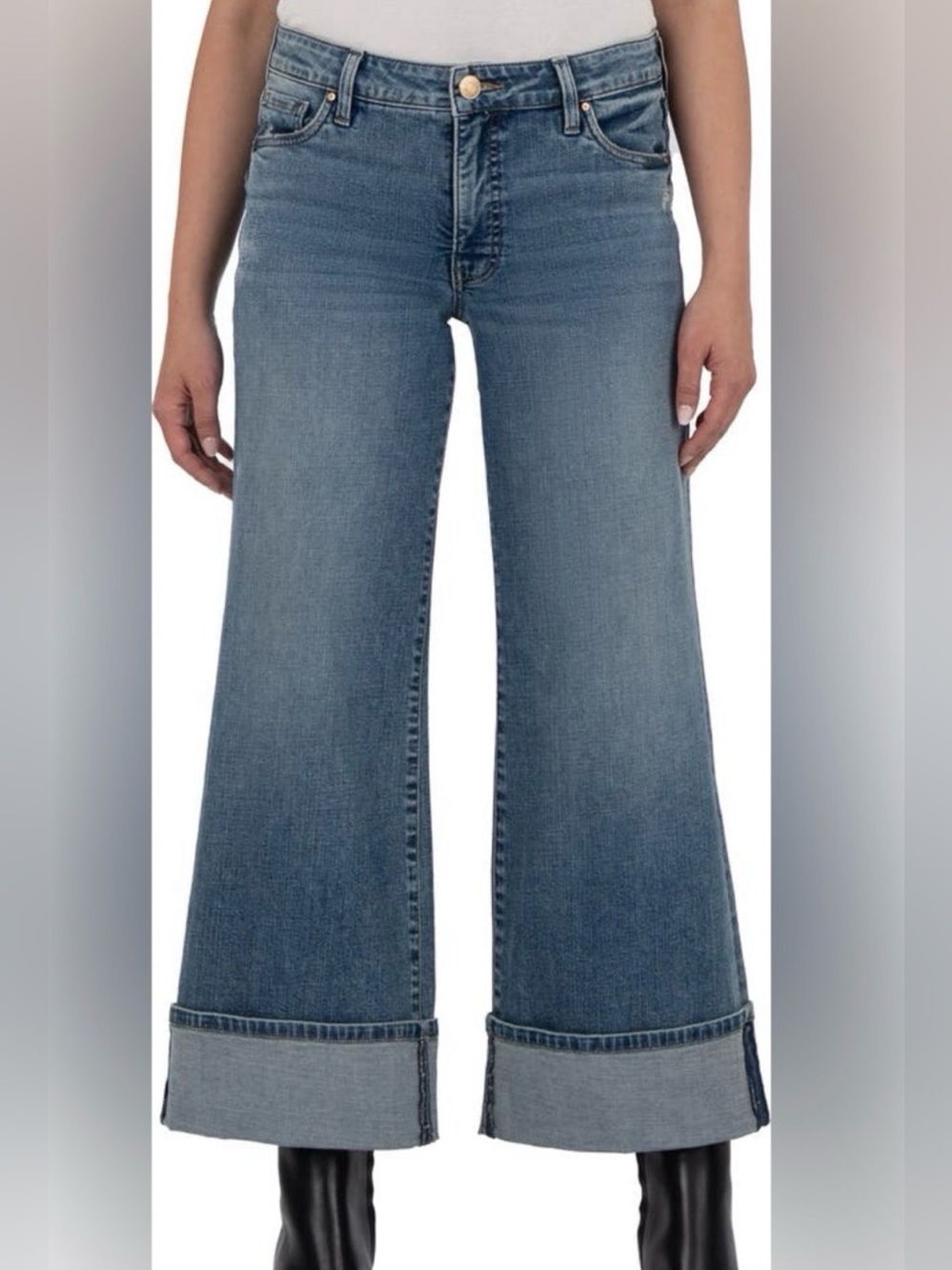 Kut from the Kloth Wide-Leg Cuffed Jeans - Medium Blue Wash